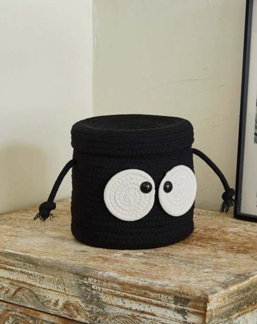 Panier de rangement pour linge tressé « Boule de charbon » mignonne, fantaisiste, aux grands yeux