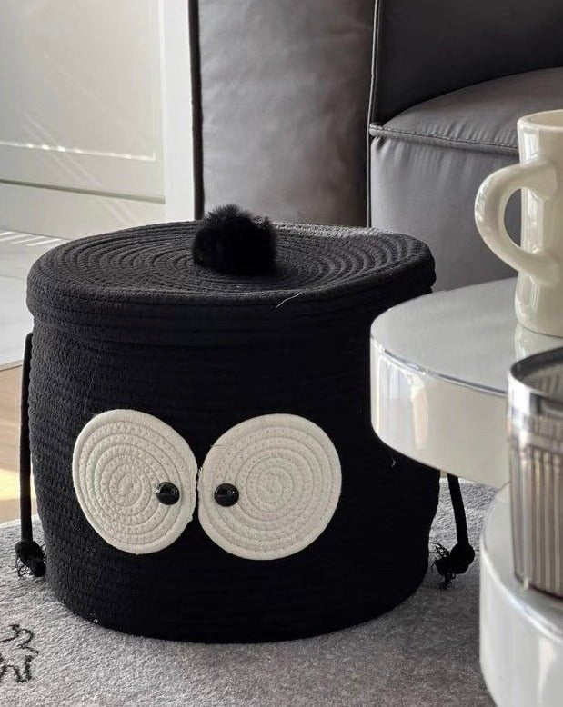Panier de rangement pour linge tressé « Boule de charbon » mignonne, fantaisiste, aux grands yeux