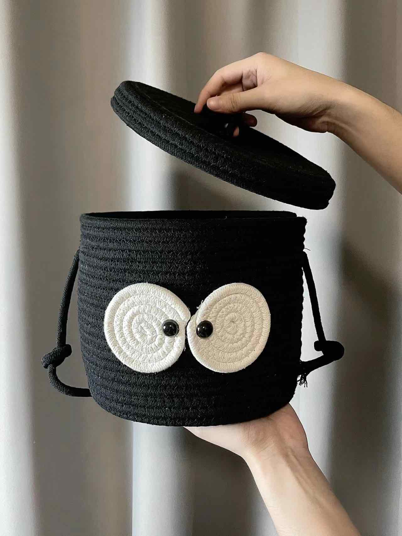 Panier de rangement pour linge tressé « Boule de charbon » mignonne, fantaisiste, aux grands yeux